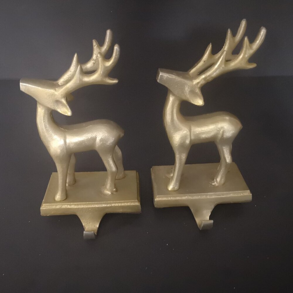 VTG Set of 2 - Heavy & Sturdy Brass Reindeer Mantel Christmas Stocking Holders